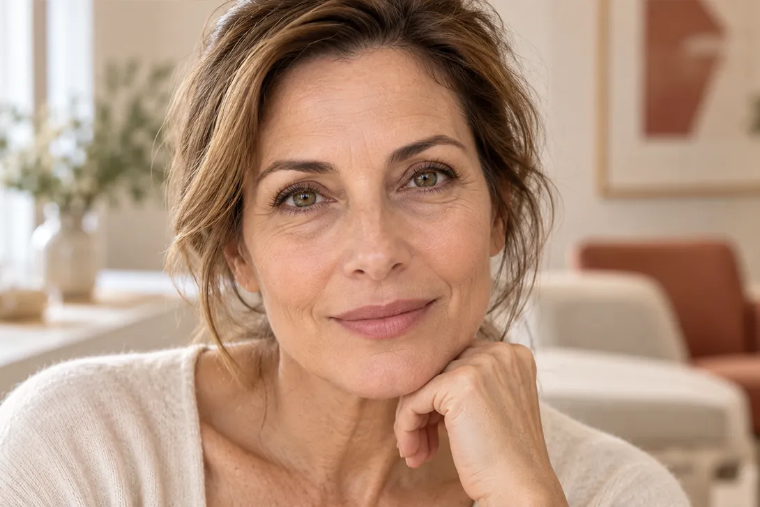 Portrait rapproch&eacute; d&rsquo;une femme souriante mettant en valeur le regard, pour illustrer une bl&eacute;pharoplastie