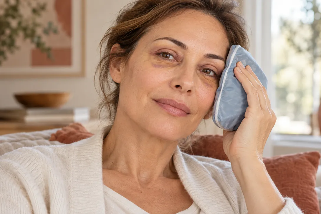 Femme appliquant une poche de froid sur son &oelig;il apr&egrave;s une bl&eacute;pharoplastie