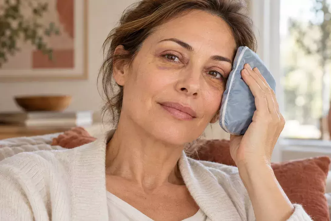 Femme appliquant une poche de froid sur son &oelig;il apr&egrave;s une bl&eacute;pharoplastie
